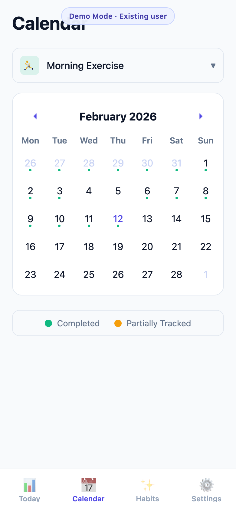 Monthly calendar with completion heatmap