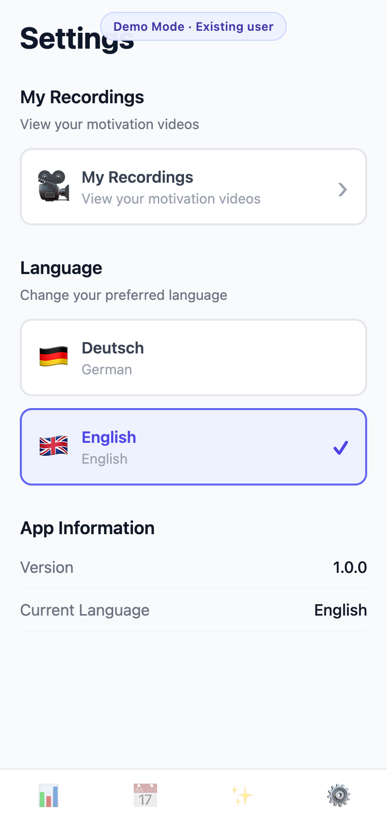 Settings with motivation recordings and language options